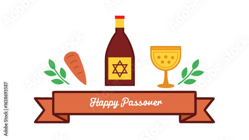 Happy Passover greeting with wine bottle matzah and maror holiday Jewish