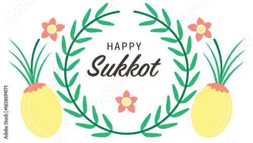 Happy Sukkot greeting with Lulav Etrog and Arba Minim elements holiday Jewish