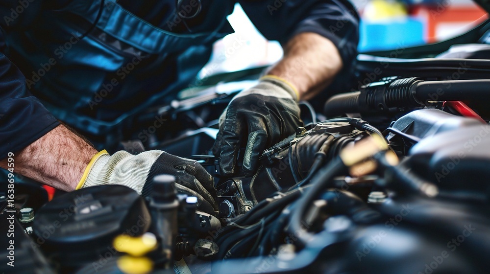 Engine repairman working on a car engine, using tools like sockets and ratchets to fix parts, checking spark plugs and hoses, wearing a mechanic’s uniform and gloves in an auto repair shop Engine repairman working on a car engine, using tools like sockets and ratchets to fix parts, checking spark plugs and hoses, wearing a mechanic’s uniform and gloves in an auto repair shop