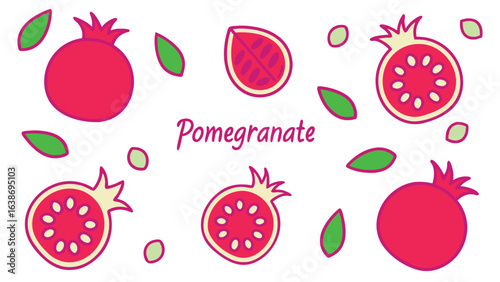 Pomegranate Illustration with Whole and Halved Fruits and Leaves food