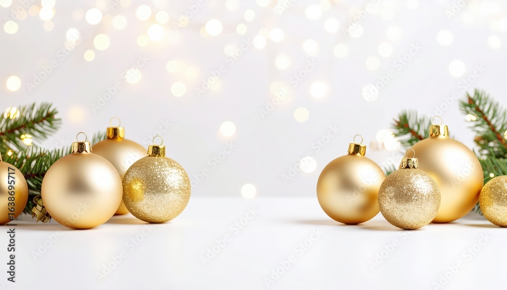 Fototapeta premium Festive gold ornaments and pine branches on a light background.
