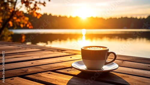 Coffee Cup on Dock at Sunset Over Lake with Forest Background