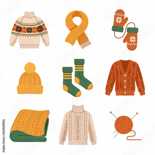 Cozy winter wardrobe essentials including sweaters, scarves, and mittens for a stylish, warm season.