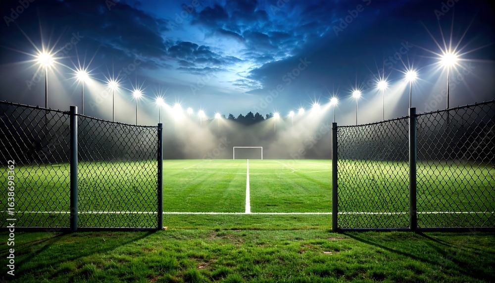 Fototapeta premium Empty Soccer Field at Night with Stadium Lights and Open Gate