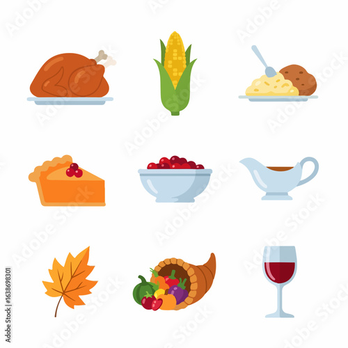 Celebrate Thanksgiving Feast with Classic Holiday Foods and Autumn Harvest Symbols