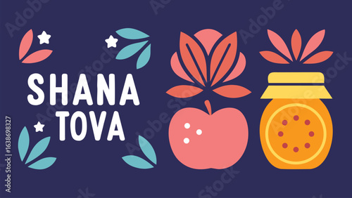 Shana Tova greeting with apple honey jar and leaves on dark blue rosh hashanah jewish new year