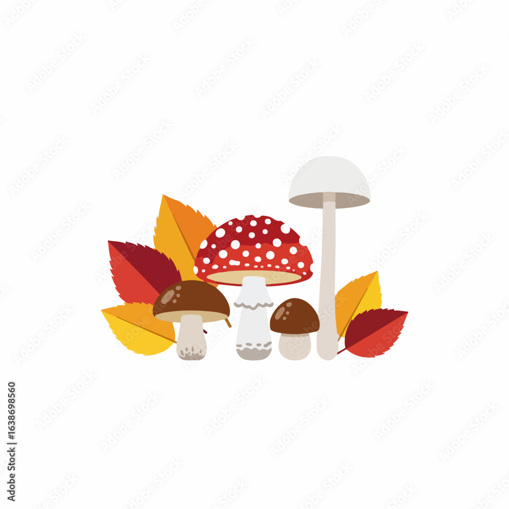 Vibrant autumn mushrooms and colorful fallen leaves create a charming natural scene Vibrant autumn mushrooms and colorful fallen leaves create a charming natural scene