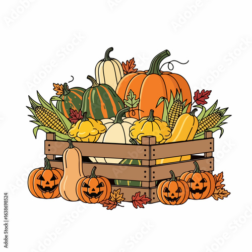 Vibrant autumn harvest crate overflowing with pumpkins, gourds, and corn, perfect for seasonal decor.