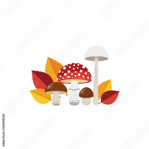 Vibrant autumn mushrooms and colorful fallen leaves create a charming natural scene