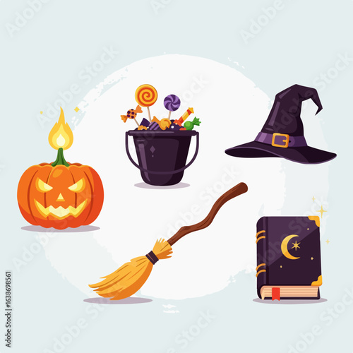 Spooky Halloween icons delight with candy, magic broom, witch hat, spellbook and glowing jack-o'-lantern