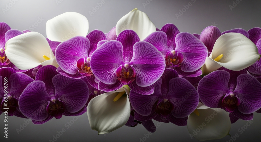 Fototapeta premium Elegant Floral Arrangement: Vibrant Purple Orchids and White Calla Lilies