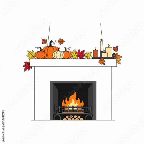 Cozy autumn fireplace with pumpkins, candles, and colorful falling leaves, creating a warm, inviting seasonal atmosphere.