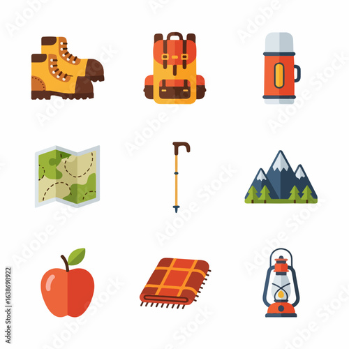 Adventure awaits with essential hiking gear icons for outdoor exploration and travel planning