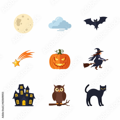 Spooky Halloween icons featuring haunted house, witch, pumpkin, bat, owl, cat, moon, cloud, shooting star