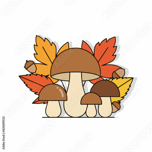Vibrant autumn mushrooms and colorful falling leaves create a charming seasonal nature scene