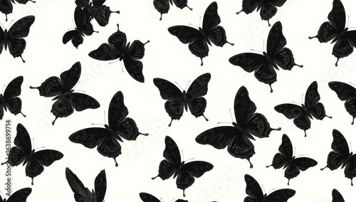 Black butterfly silhouettes arranged in a repeating pattern on a white background.