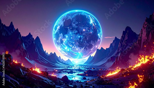 a large blue ball-shaped celestial body in a barren valley 