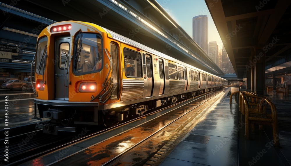 Naklejka premium A bustling city subway station with a train arriving