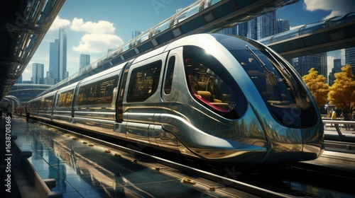 A bustling city subway station with a train arriving