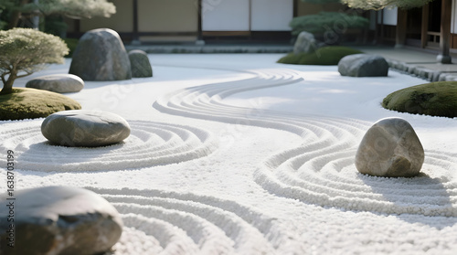 Zen Garden with Raked Gravel and Stones