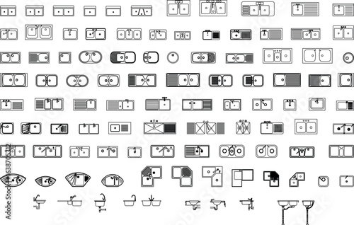 Vector Collection of Kitchen Sinks Top View in Black and White Outline