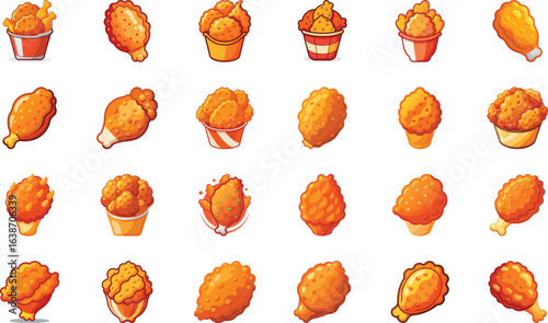 Collection of delicious fried chicken pieces and buckets in a colorful vector illustration