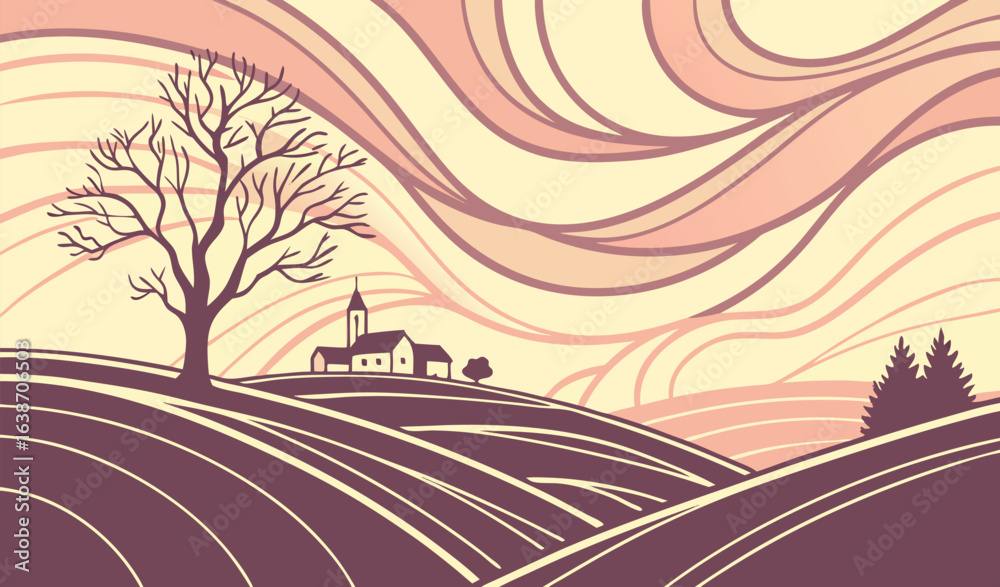Fototapeta premium Landscape scene with road through forest under sunset sky