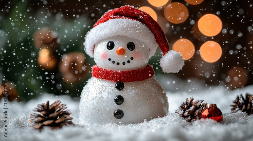 Fototapeta premium Festive snowman in snow with a red hat and scarf radiating Christmas spirit and cheerfulness.