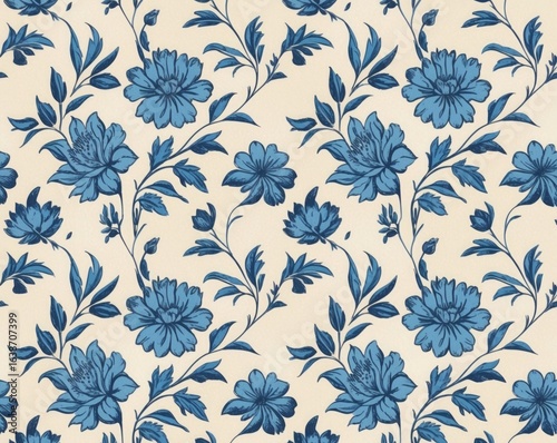 Elegant blue floral pattern on cream background
