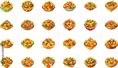 Delicious cartoon nachos collection presented in various colorful bowls and culinary toppings