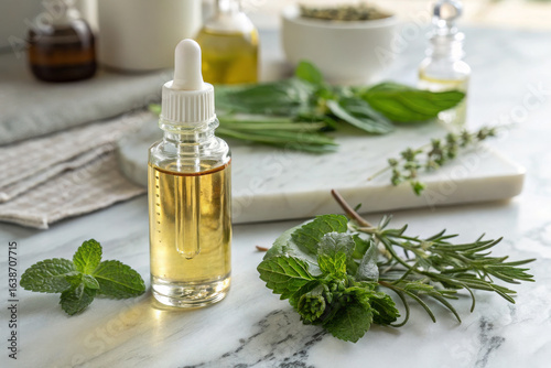 Ayurvedic Nasya Oil in Glass Dropper Bottle with Fresh Herbs for Nasal Therapy