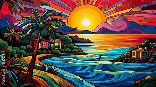 Tropical Sunset Landscape with Palm Trees, Painting Art