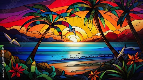 Tropical Sunset Landscape with Palm Trees, Painting Art