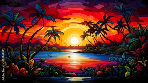 Tropical Sunset Landscape,  Painting Art