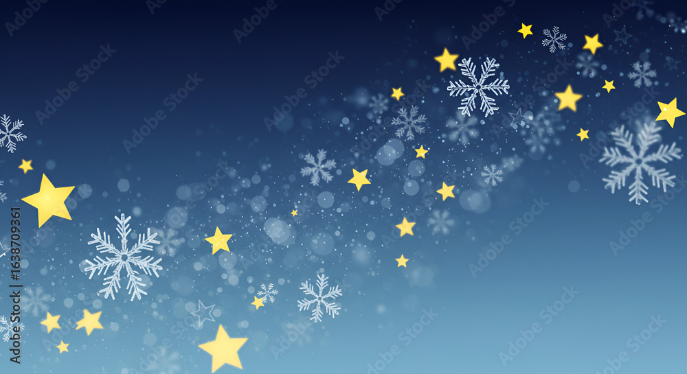 Fototapeta premium Festive winter background featuring snowflakes and stars for seasonal designs
