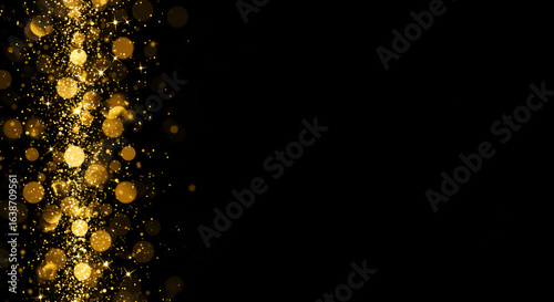 Golden bokeh lights and sparkles against a dark background creating a magical ambiance