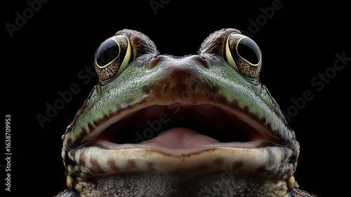 Frontal close-up of a green frog head against a dark, contrasting background
