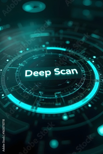 Wallpaper Mural Abstract teal and black technological background features a circular digital interface, vertical composition. The central element displays the words Deep Scan in glowing white lettering. Torontodigital.ca