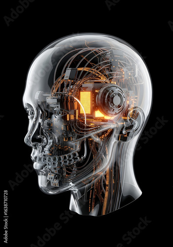 Transparent human head revealing complex internal circuitry and a glowing processor