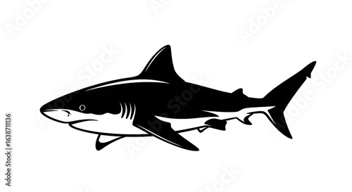 A stylized black and white illustration of a shark, showcasing its powerful form and fins in a side profile view.