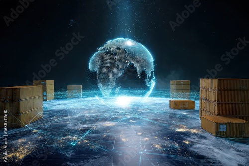AI overseeing global supply chain as a hologram on Earth s surface