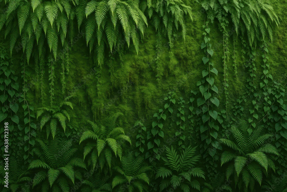 Obraz premium Living wall vertical garden with cascading tropical ferns creating sustainable architecture backdrop for eco-friendly business presentations