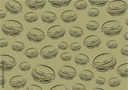 Seamless pattern of hand-drawn hamburgers in various sizes, illustrated in dark lines on a muted olive-green background.
