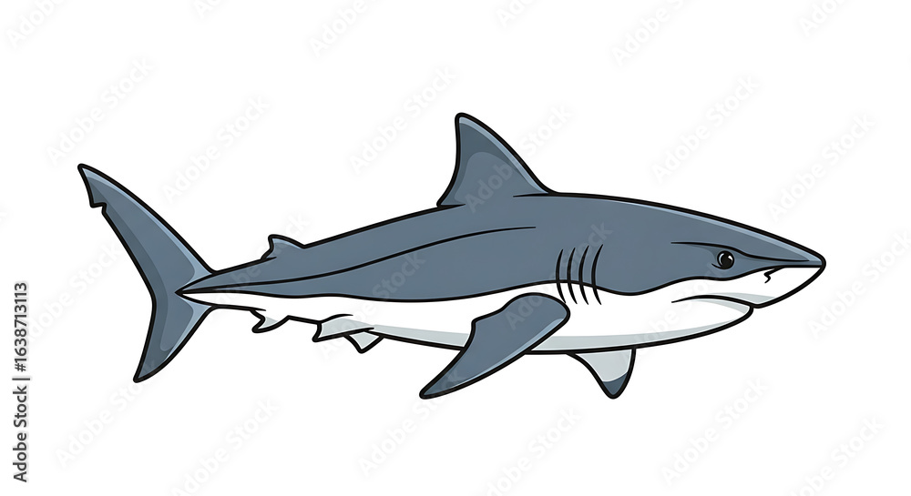 Fototapeta premium A fierce great white shark illustrated in a clean cartoon style, shown in a side profile view.