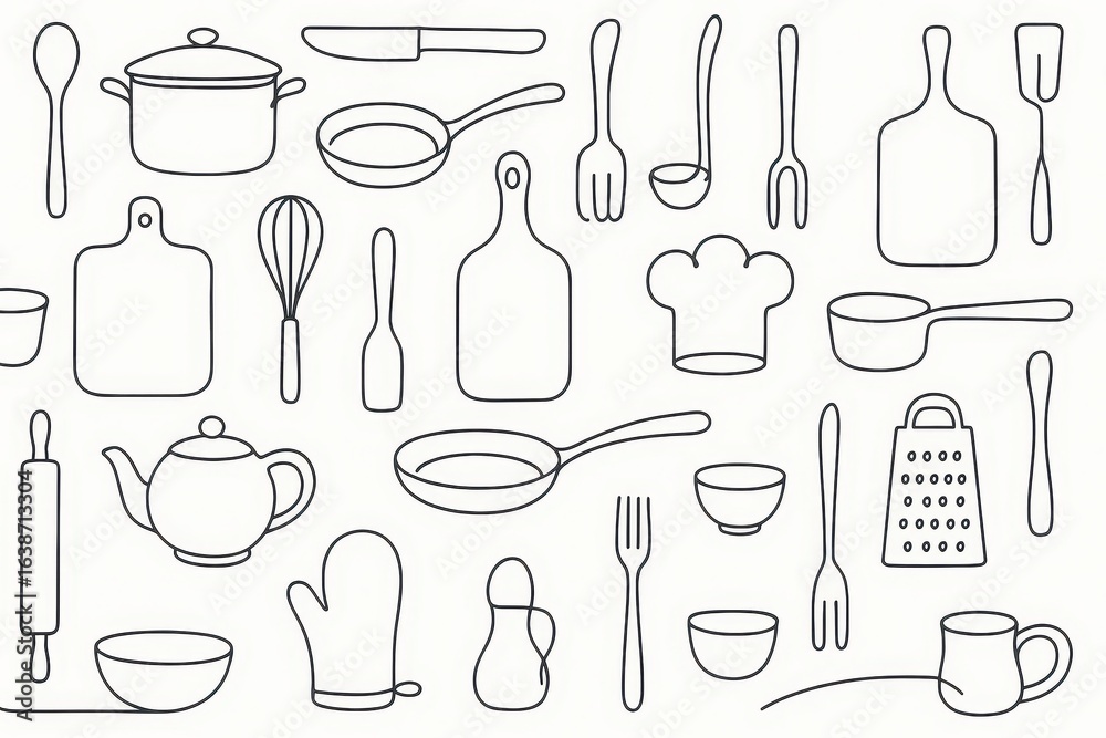 Fototapeta premium Minimalist culinary pattern with cooking utensils creating kitchen design template for culinary schools and restaurant brand identity marketing materials