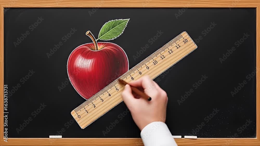 Apple on Chalkboard: A vibrant red apple and a wooden ruler with a hand drawing the ruler on a chalkboard, showcasing the freshness of education.