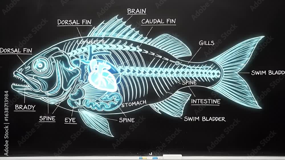 Fish Anatomy Diagram: An illuminated and detailed diagram of a fish, showcasing its internal anatomy, including the brain, heart, and skeletal structure, against a contrasting background for clarity.