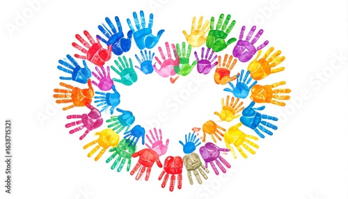Colorful handprints form a heart shape.