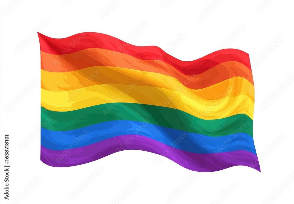 Obraz premium A vibrant LGBTQ+ pride flag, depicted in a stylized, painterly graphic style, with flowing, waving fabric