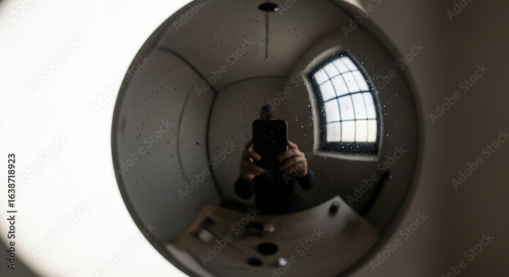 Reflection of a person holding a smartphone in a spherical mirror with a window Reflection of a person holding a smartphone in a spherical mirror with a window